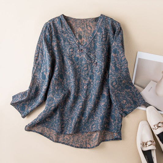 Effortless Printed Linen Blouse for Women with V Neck Bell Sleeve High Low Boho Style