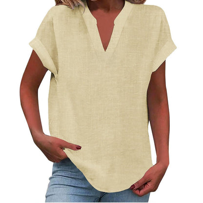 Effortless Linen Blouse for Women with V Neck Short Sleeve Relaxed Tunic Style