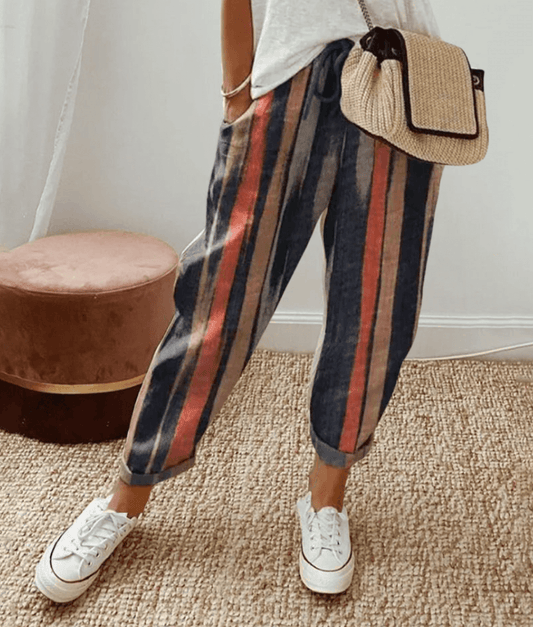 Effortless Printed Pants for Women with High Waist Drawstring Tapered Cuffed Hem Relaxed Casual Style