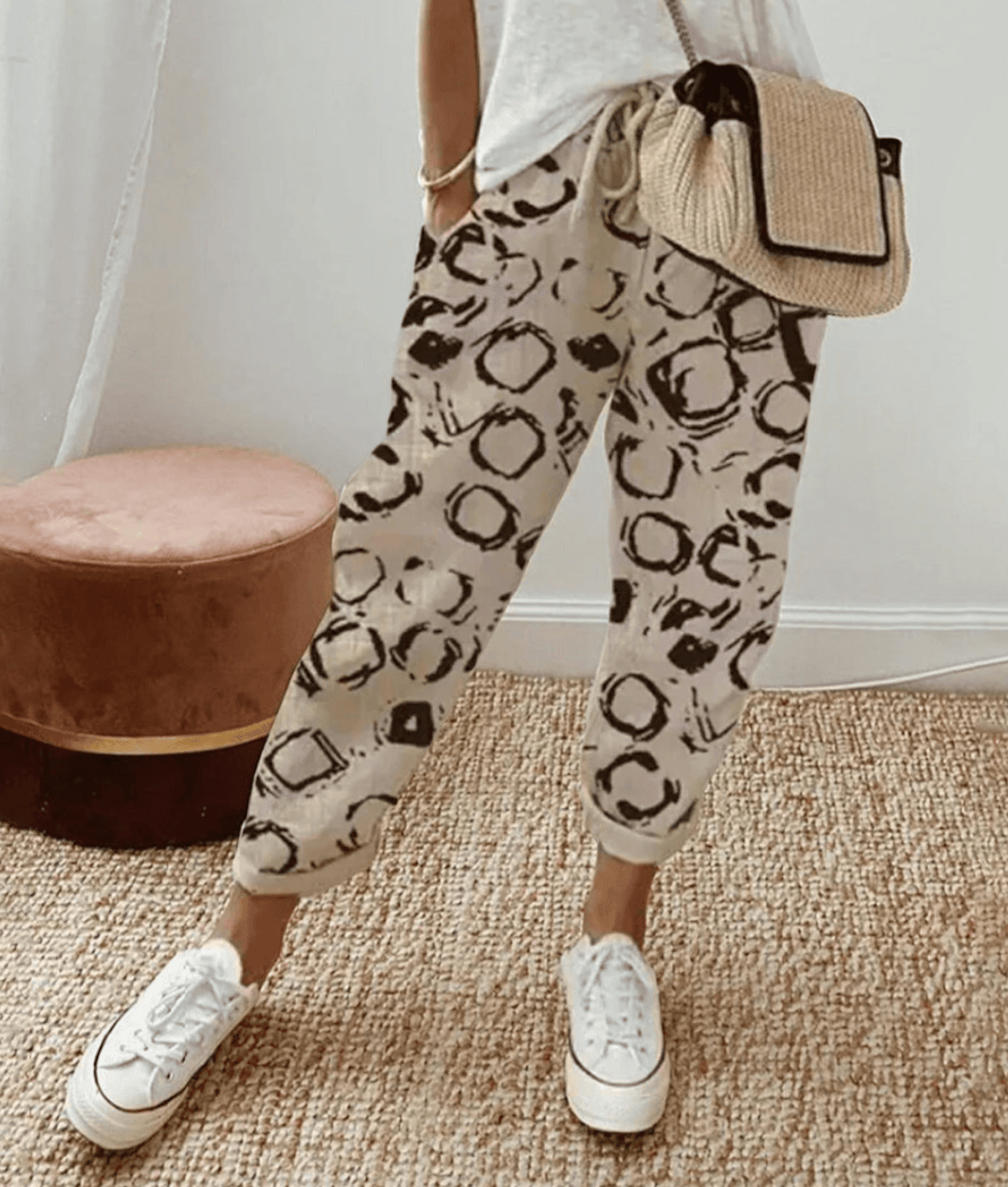 Effortless Printed Pants for Women with High Waist Drawstring Tapered Cuffed Hem Relaxed Casual Style