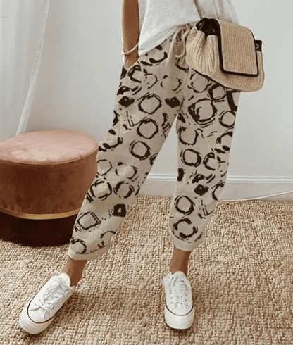 Effortless Printed Pants for Women with High Waist Drawstring Tapered Cuffed Hem Relaxed Casual Style