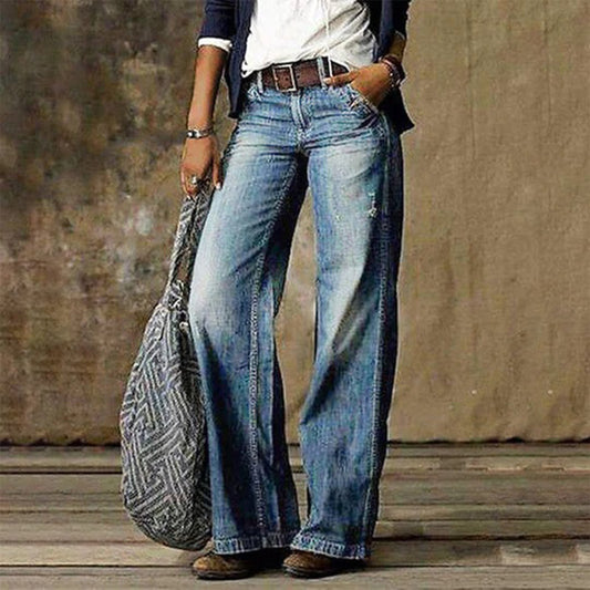 Effortless Blue Wide Leg Jeans for Women with High Waist Relaxed Bohemian Style