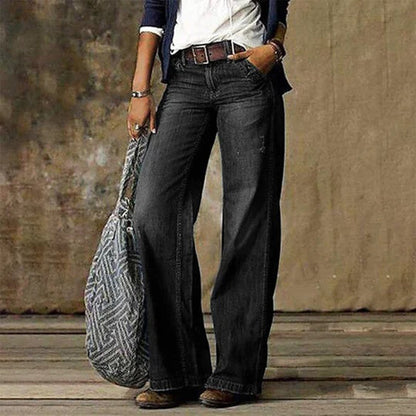 Effortless Blue Wide Leg Jeans for Women with High Waist Relaxed Bohemian Style