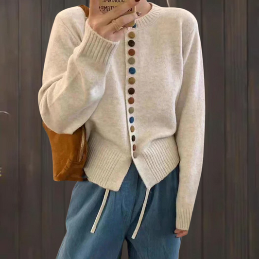 Comfortable Rainbow Button Cardigan Sweater for Women with Round Neck Long Sleeve Cropped Ribbed Knit Style