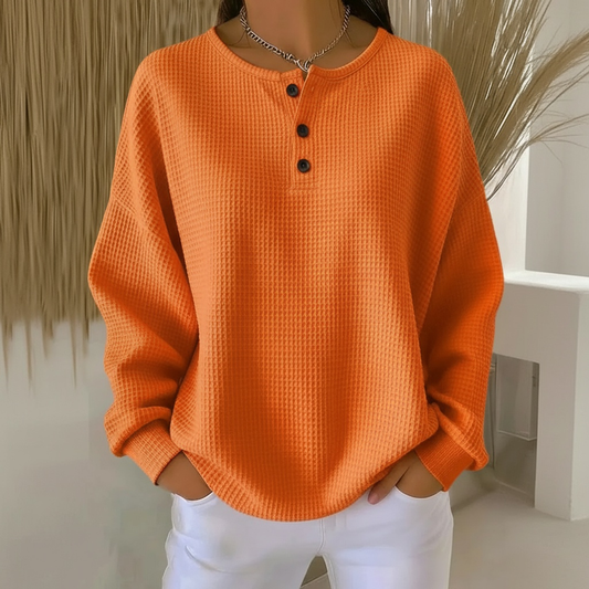 Comfortable Waffle Knit Henley Top for Women with Round Neck Long Sleeve Button Front Oversized Relaxed Style