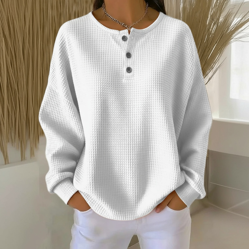 Comfortable Waffle Knit Henley Top for Women with Round Neck Long Sleeve Button Front Oversized Relaxed Style