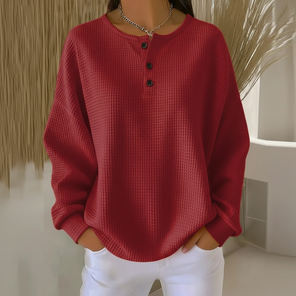 Comfortable Waffle Knit Henley Top for Women with Round Neck Long Sleeve Button Front Oversized Relaxed Style