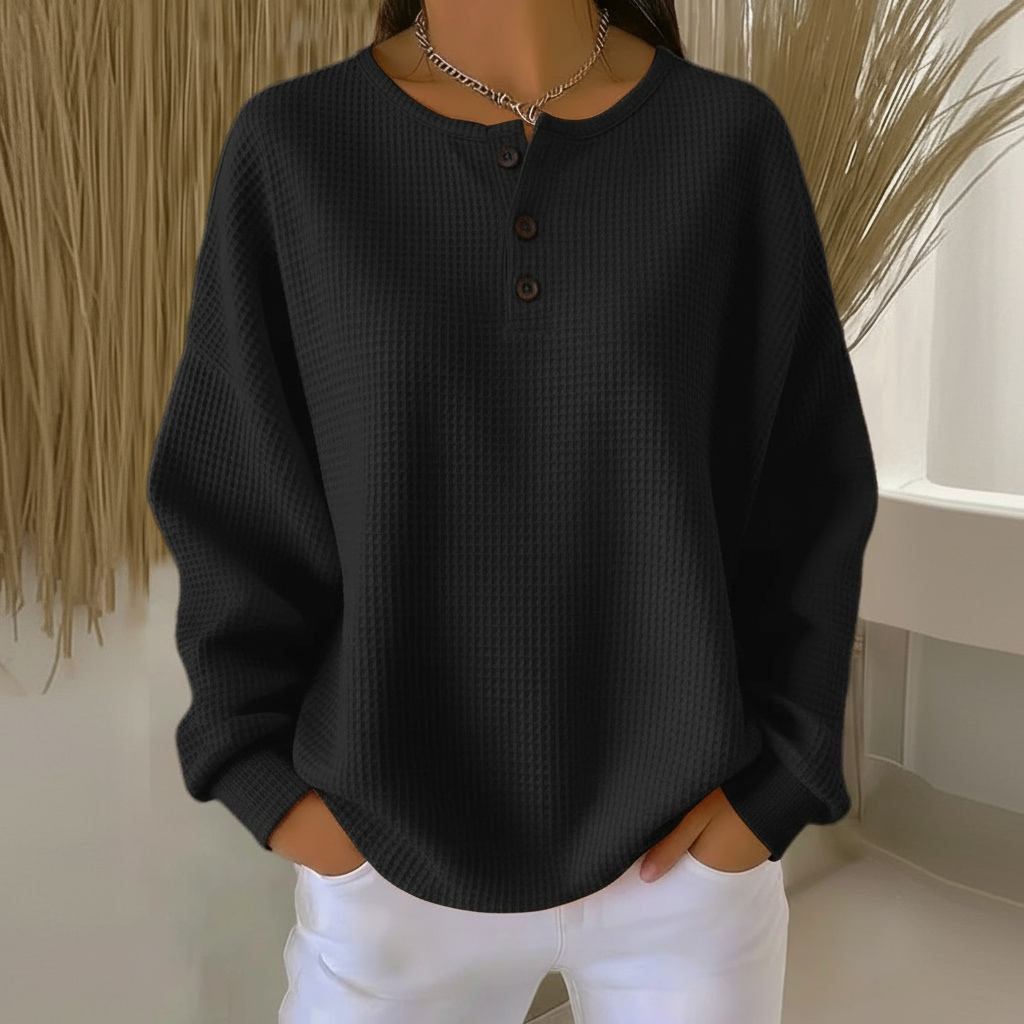 Comfortable Waffle Knit Henley Top for Women with Round Neck Long Sleeve Button Front Oversized Relaxed Style