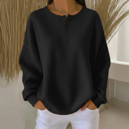 Comfortable Waffle Knit Henley Top for Women with Round Neck Long Sleeve Button Front Oversized Relaxed Style