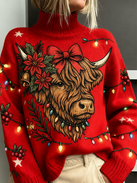 Comfortable Red Highland Cow Sweater for Women with Turtleneck Long Sleeve Christmas Print Oversized Knit Style