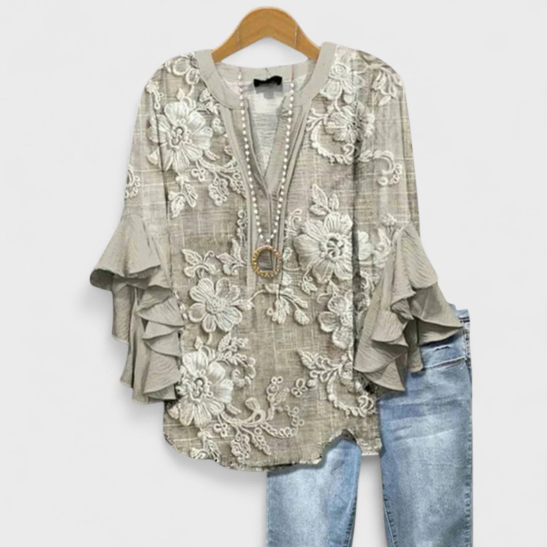 Effortless Floral Print Blouse for Women with V Neck Bell Sleeve Ruffle Flowing Boho Style