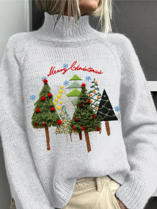 Comfortable White Christmas Tree Embroidered Sweater for Women with Turtleneck Long Sleeve Relaxed Oversized Knit Style