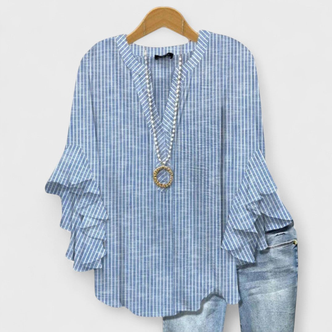 Effortless Floral Print Blouse for Women with V Neck Bell Sleeve Ruffle Flowing Boho Style