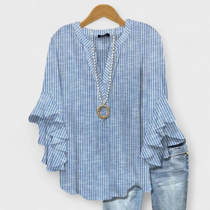 Effortless Floral Print Blouse for Women with V Neck Bell Sleeve Ruffle Flowing Boho Style
