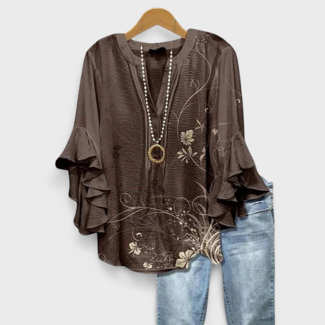 Effortless Floral Print Blouse for Women with V Neck Bell Sleeve Ruffle Flowing Boho Style