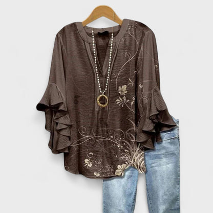 Effortless Floral Print Blouse for Women with V Neck Bell Sleeve Ruffle Flowing Boho Style