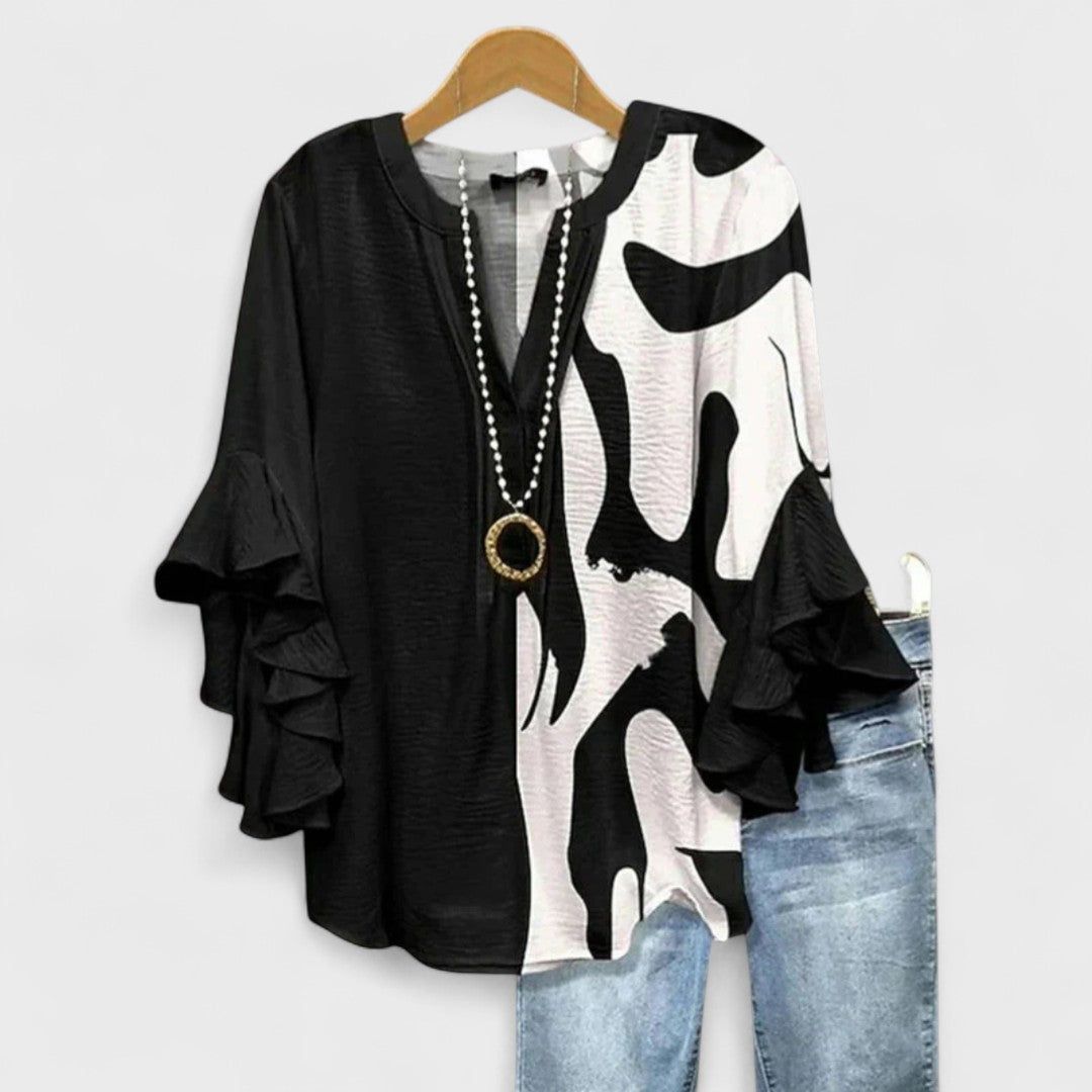 Effortless Floral Print Blouse for Women with V Neck Bell Sleeve Ruffle Flowing Boho Style