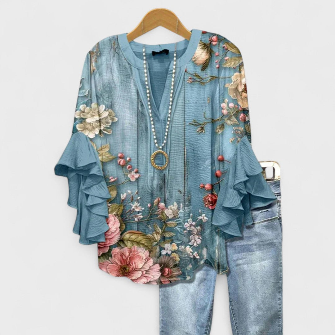 Effortless Floral Print Blouse for Women with V Neck Bell Sleeve Ruffle Flowing Boho Style