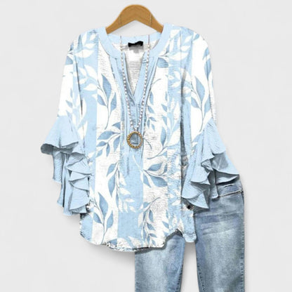 Effortless Floral Print Blouse for Women with V Neck Bell Sleeve Ruffle Flowing Boho Style