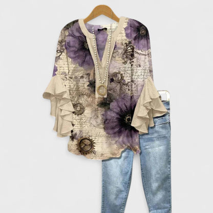 Effortless Floral Print Blouse for Women with V Neck Bell Sleeve Ruffle Flowing Boho Style