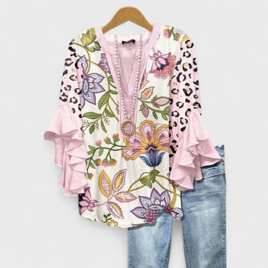 Effortless Floral Print Blouse for Women with V Neck Bell Sleeve Ruffle Flowing Boho Style