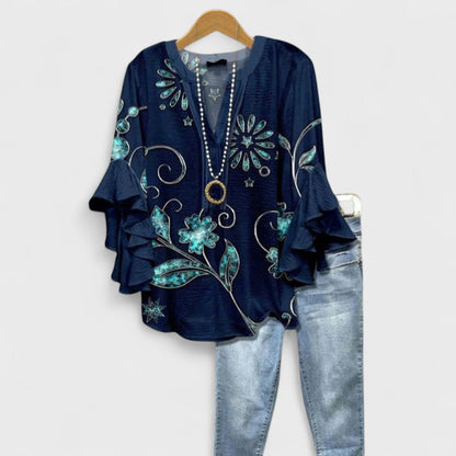 Effortless Floral Print Blouse for Women with V Neck Bell Sleeve Ruffle Flowing Boho Style