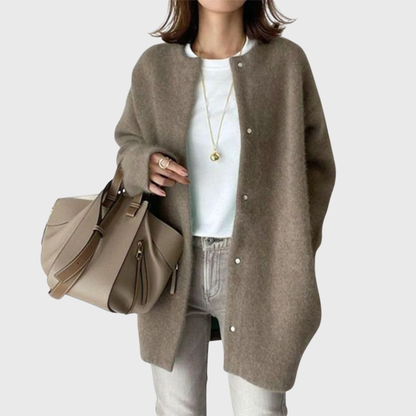 Comfortable Knit Cardigan Sweater for Women with Round Neck Long Sleeve Snap Button Oversized Casual Style