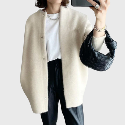 Comfortable Knit Cardigan Sweater for Women with Round Neck Long Sleeve Snap Button Oversized Casual Style