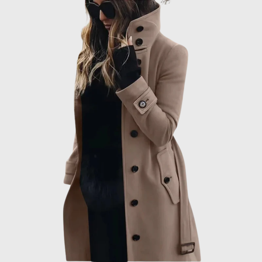 Elegant Wool Trench Coat for Women with Stand Collar Long Sleeve Belted Button Front Style