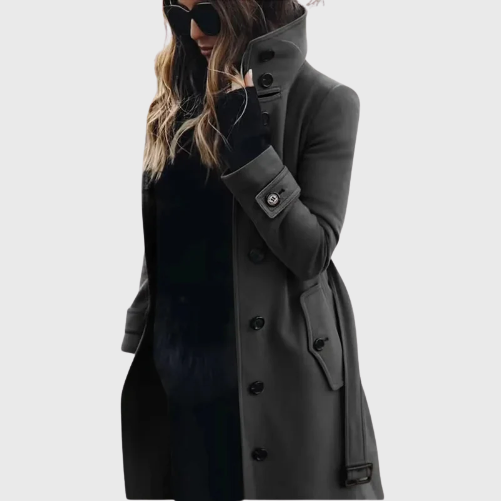 Elegant Wool Trench Coat for Women with Stand Collar Long Sleeve Belted Button Front Style