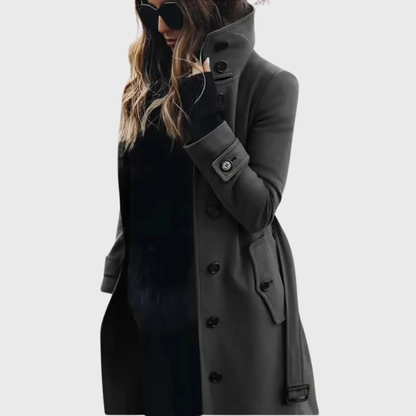 Elegant Wool Trench Coat for Women with Stand Collar Long Sleeve Belted Button Front Style