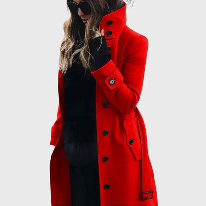 Elegant Wool Trench Coat for Women with Stand Collar Long Sleeve Belted Button Front Style
