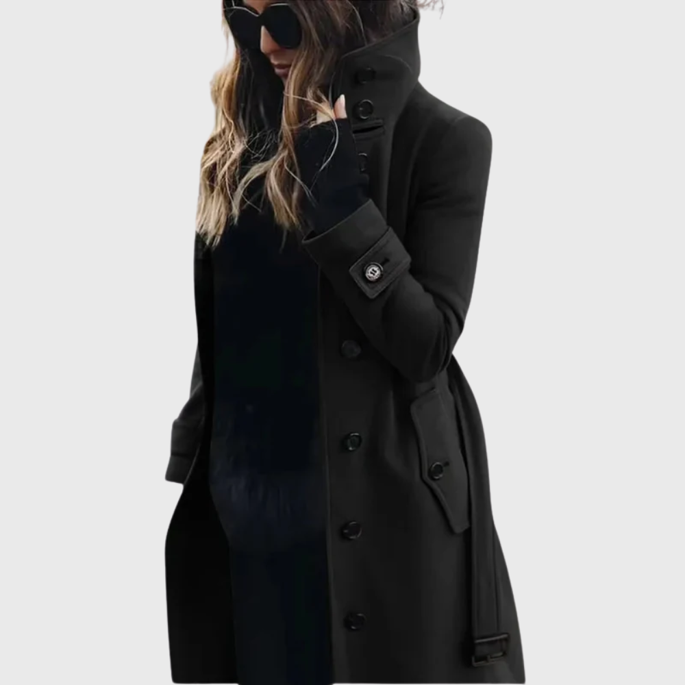 Elegant Wool Trench Coat for Women with Stand Collar Long Sleeve Belted Button Front Style