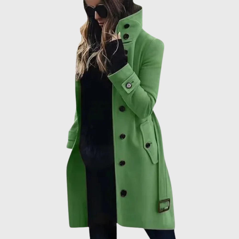 Elegant Wool Trench Coat for Women with Stand Collar Long Sleeve Belted Button Front Style