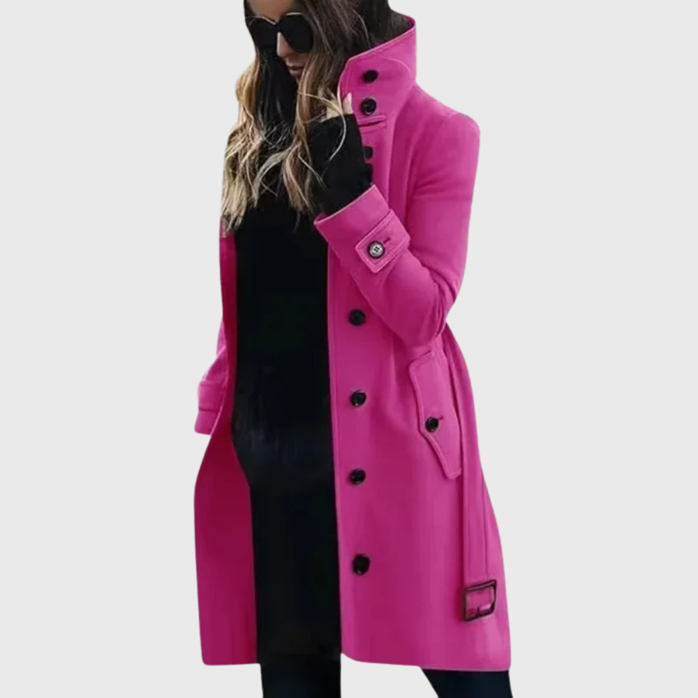 Elegant Wool Trench Coat for Women with Stand Collar Long Sleeve Belted Button Front Style