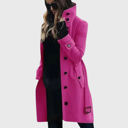 Elegant Wool Trench Coat for Women with Stand Collar Long Sleeve Belted Button Front Style