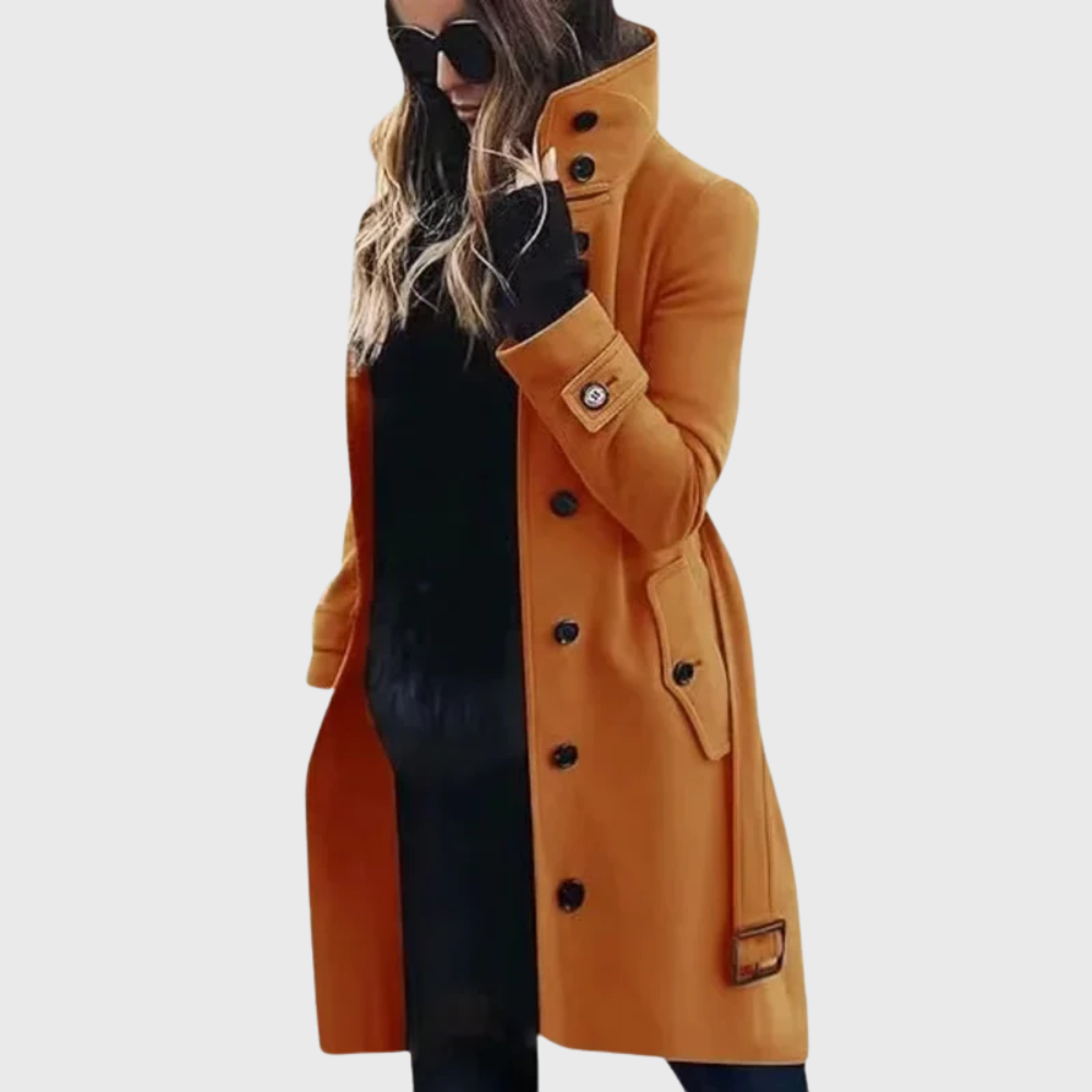 Elegant Wool Trench Coat for Women with Stand Collar Long Sleeve Belted Button Front Style