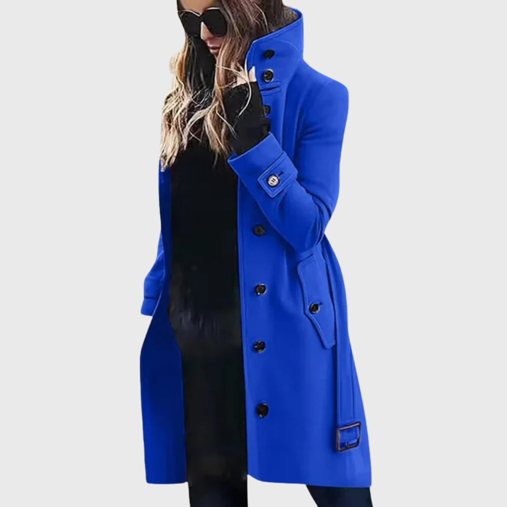 Elegant Wool Trench Coat for Women with Stand Collar Long Sleeve Belted Button Front Style