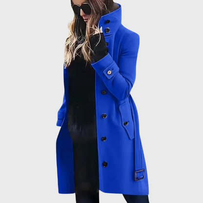 Elegant Wool Trench Coat for Women with Stand Collar Long Sleeve Belted Button Front Style