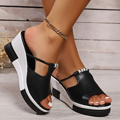 Comfortable Wedge Sandals for Women with T Strap Cutout Platform Peep Toe Slip On Style