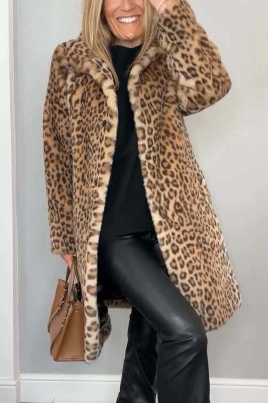 Elegant Leopard Print Faux Fur Coat for Women with Notch Collar Long Sleeve Longline Relaxed Style