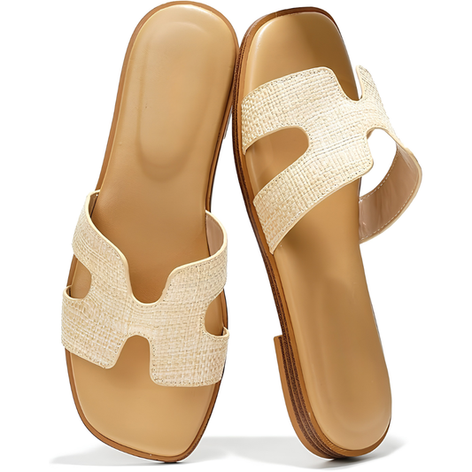 Comfortable Leather Sandals for Women with Cutout Strap Square Toe Flat Slide Style