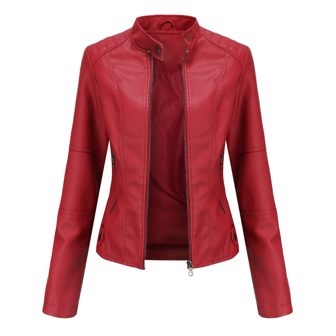Elegant Faux Leather Moto Jacket for Women with Stand Collar Long Sleeve Zip Front Cropped Style