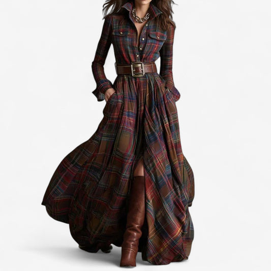 Elegant Plaid Maxi Dress for Women with Collar Long Sleeve Belted Button Front Flowing Style