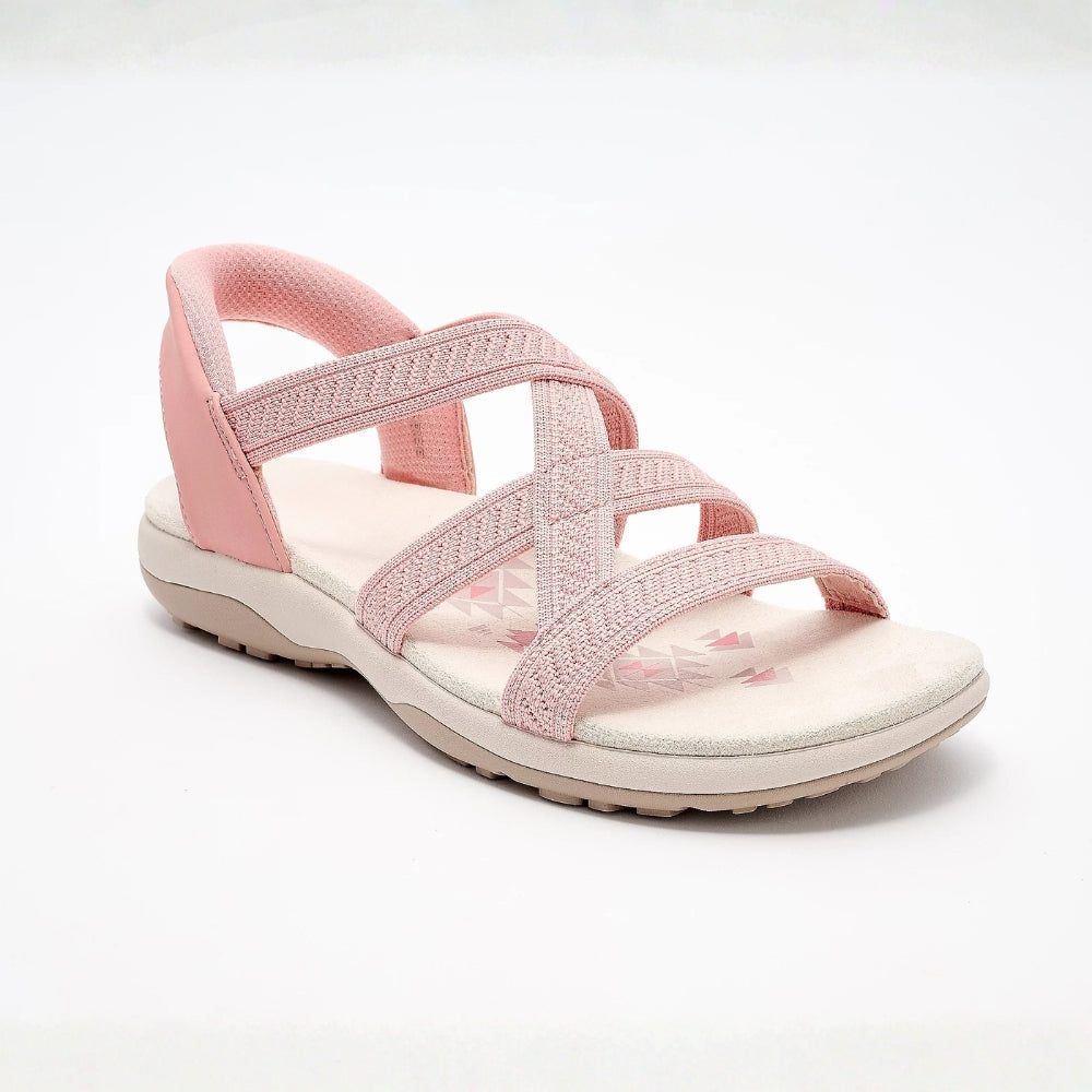 Comfortable Sandals for Women with Multi Strap Woven Upper Cushioned Flat Sole Slip On Style