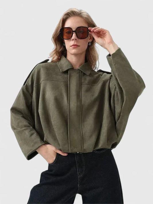 Effortless Faux Suede Cropped Jacket for Women with Point Collar Long Sleeve Oversized Bubble Hem Casual Style