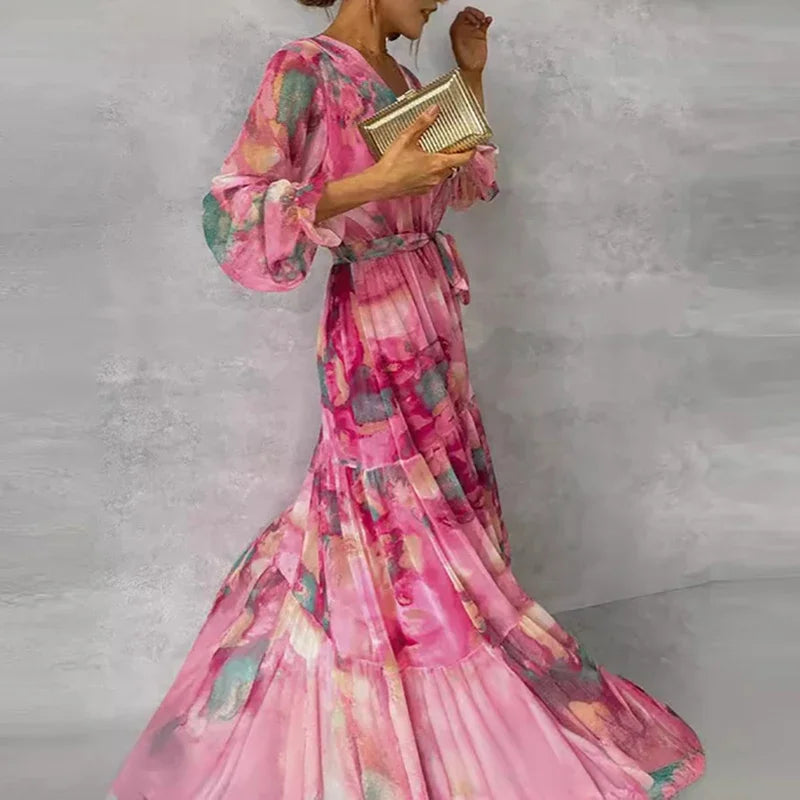 Effortless Pink Tie Dye Maxi Dress for Women with V Neck Wrap Long Sleeve Tiered Ruffle Bohemian Style