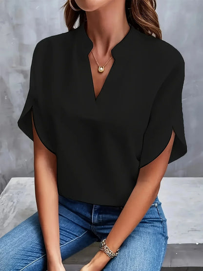 Effortless Chiffon Blouse for Women with Split Neck Flutter Sleeve Relaxed Flowing Style