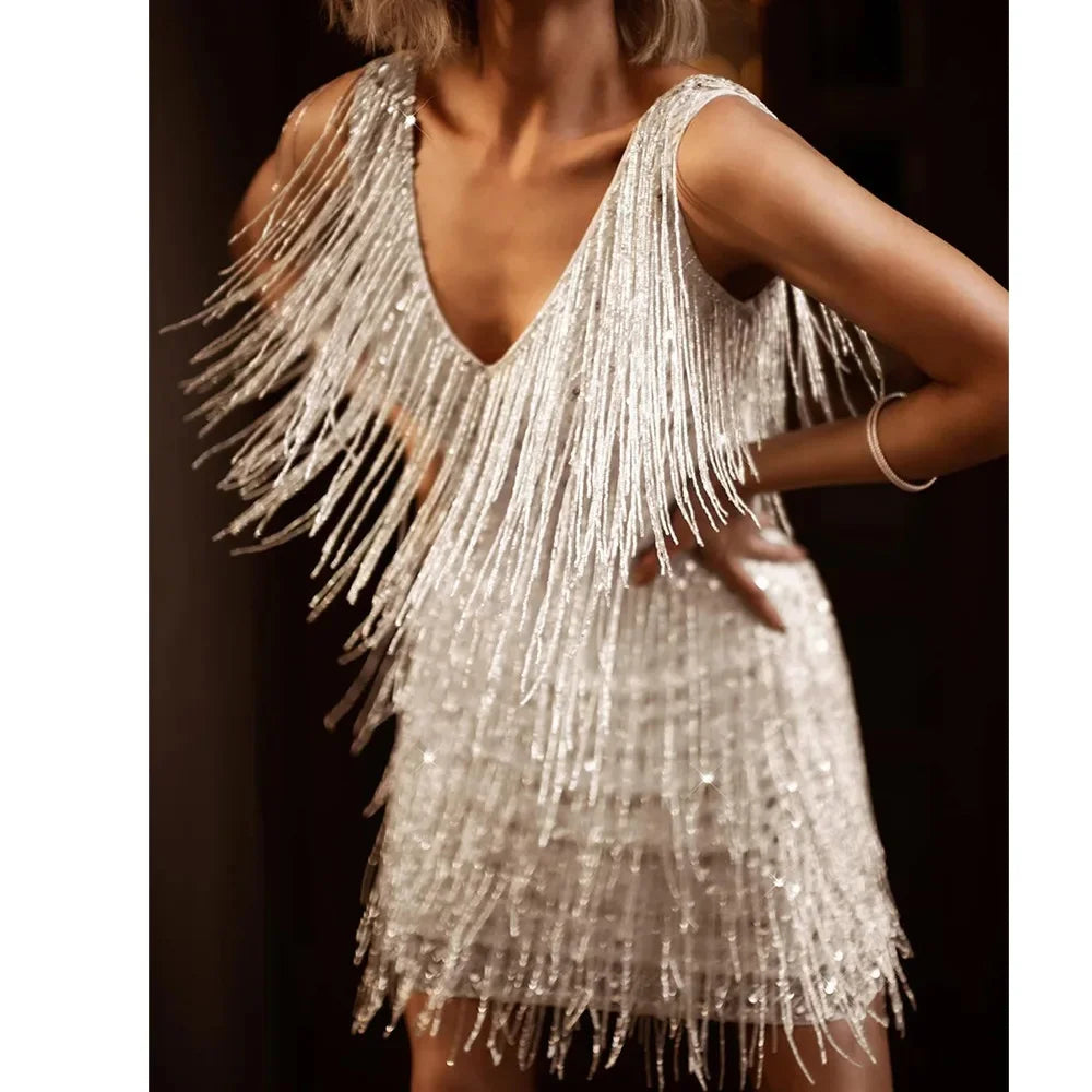 Elegant Fringe Sequin Mini Dress for Women with V Neck Sleeveless Tiered Flapper Party Style