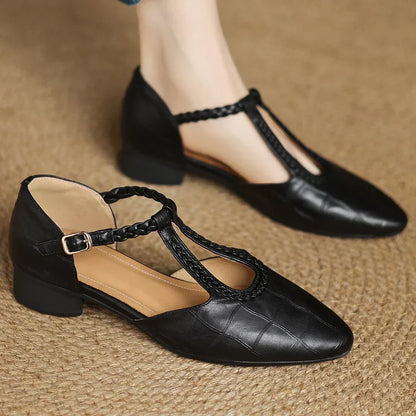Elegant Croc Embossed T-Strap Flats for Women with Pointed Toe Braided Strap Buckle Closure Style